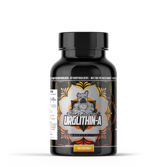 Black supplement bottle of urolithin a by engineered muscle with a label featuring a graphic of a dog and text on a white background