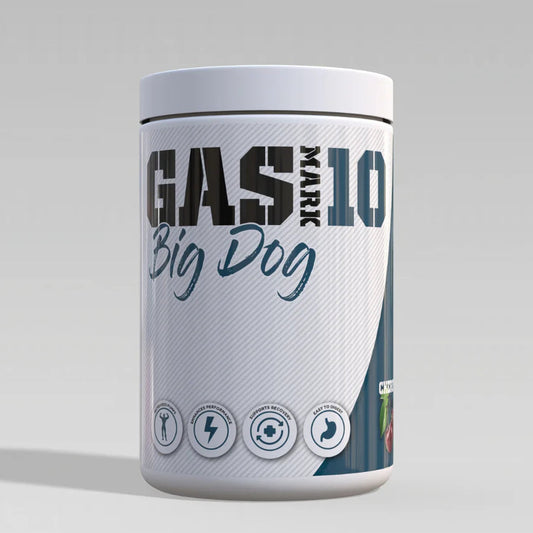 Supplement container labeled 'Gas Mark 10 Big Dog' on a gray background