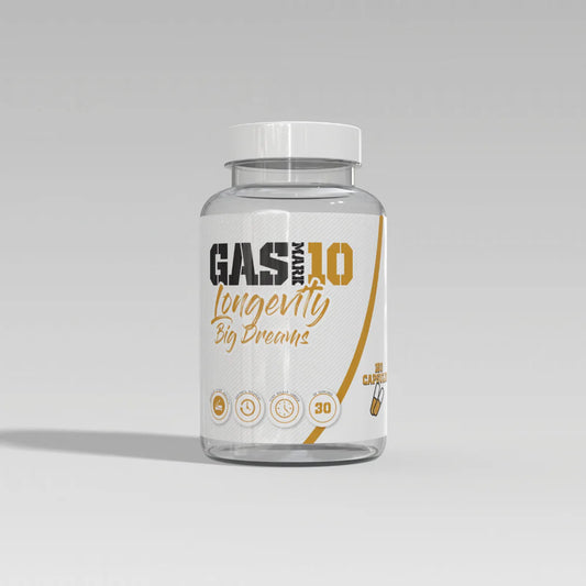 Clear supplement bottle labeled 'GAS MARK 10 - Longevity Big Dreams' on a grey background