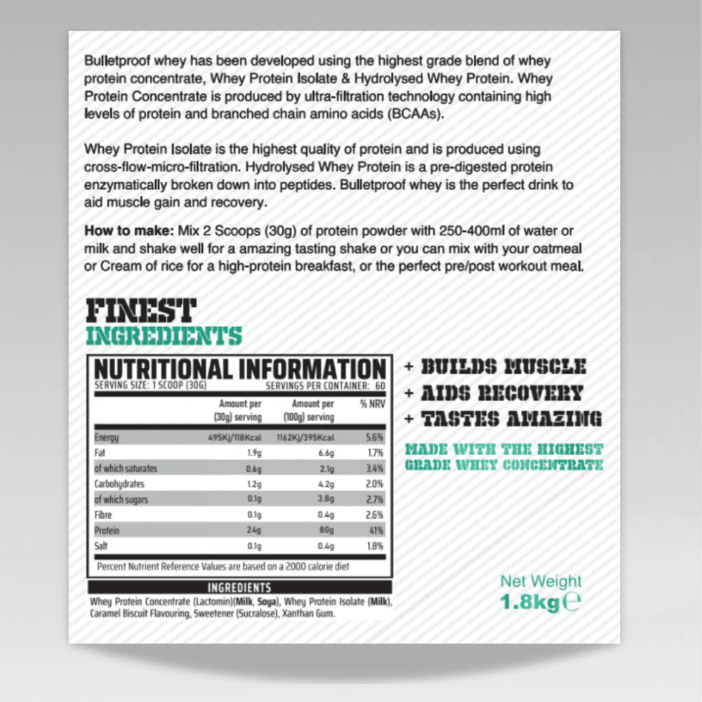 Nutritional label for Gas Mark 10 Bulletproof whey protein product on a white background