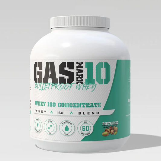 White container of Gas Mask 10 Bulletproof Whey protein powder on a gray background