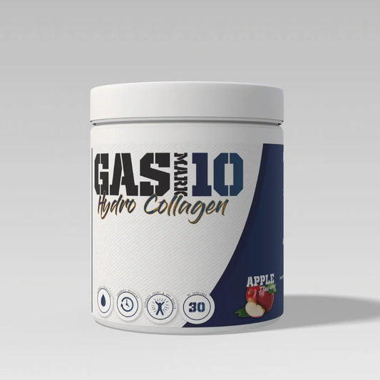 Container of Gas Mark 10 Hydro Collagen on a gray background