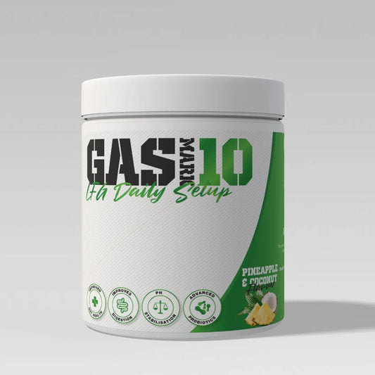 White supplement container of LFG Daily Setup labeled 'Gas Max 10' on a white background