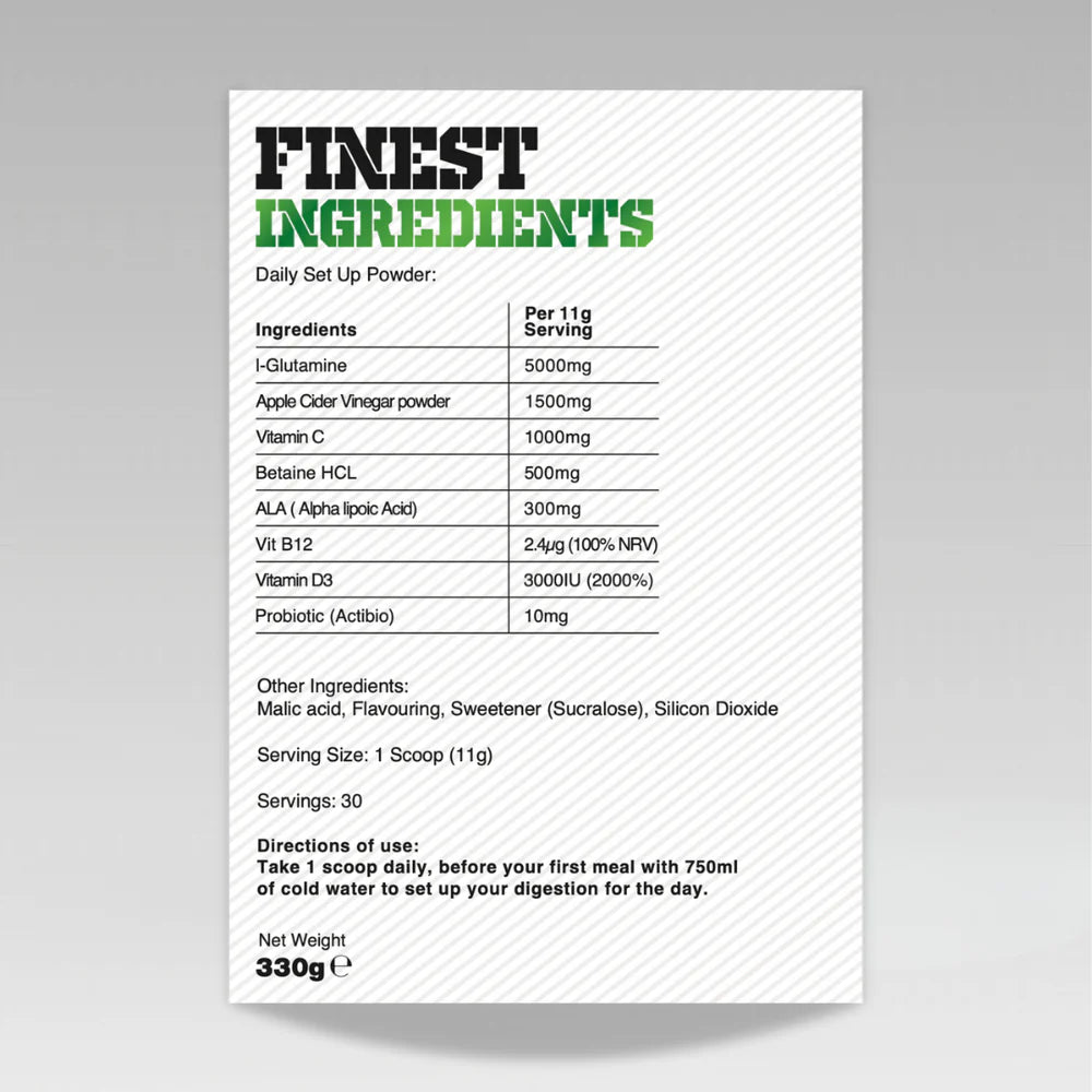 Label of 'Finest Ingredients' for Gas Mark 10 LFG daily set up powder with ingredient list and directions on a gray background