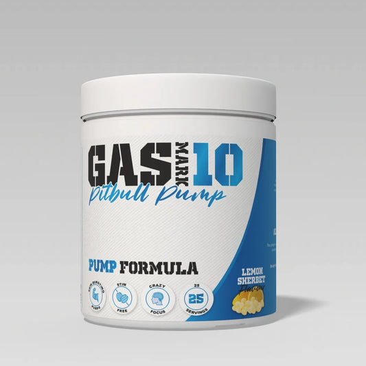 Gas Mark 10 Pitbull Pump Formula supplement container on a gray background