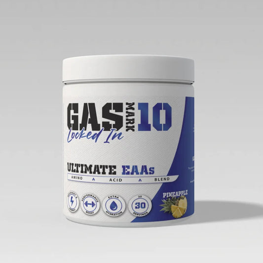 Supplement container labeled 'GASMASK 10' on a white background