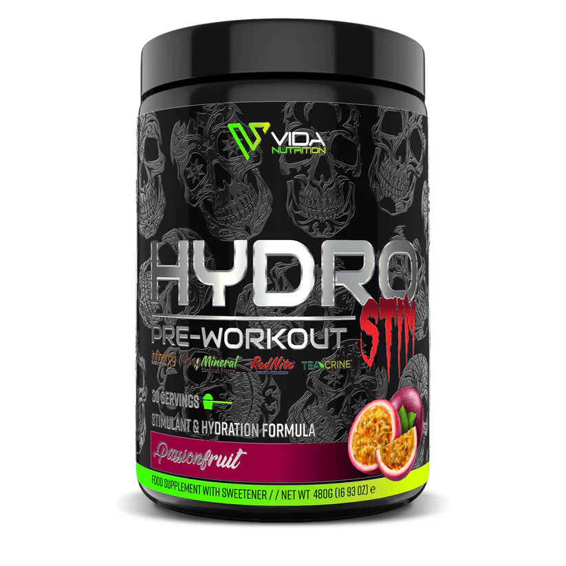 Vida Nutrition Hydro Stim pre-workout supplement container with black and gray skull design on a white background