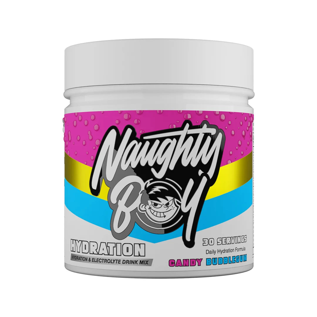 Naughty Boy Hydration drink mix container in candy bubblegum flavour with colourful label on a white background