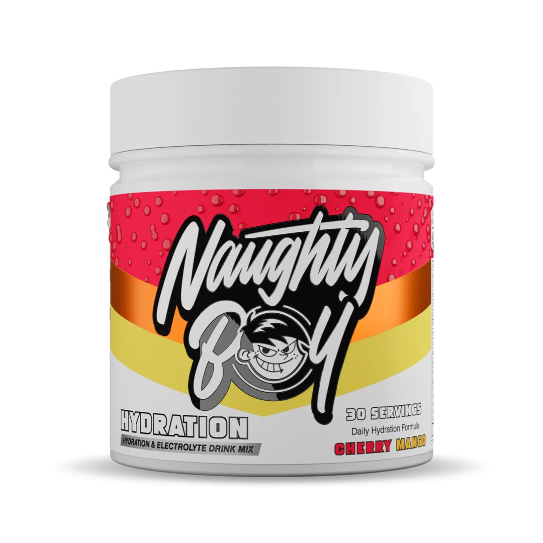 Naughty Boy Hydration drink mix container in cherry mango flavour with red, white and yellow label on a white background
