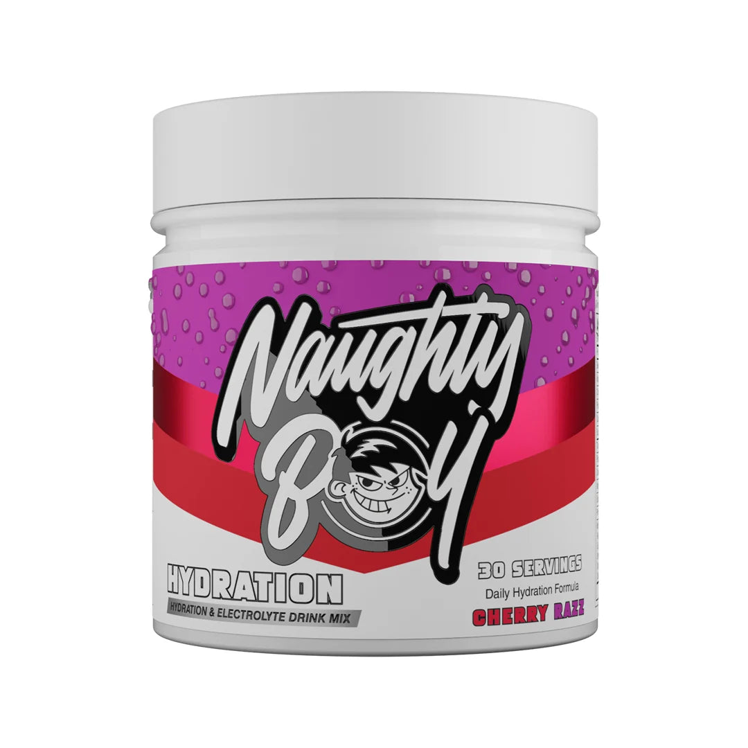 A white plastic tub of Naughty Boy Hydration drink mix in Cherry Raspberry flavor, featuring a purple and red label with the brand logo.