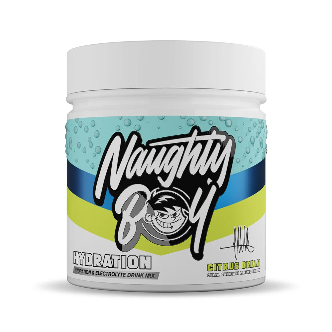A white plastic tub of Naughty Boy Hydration drink mix in the Citrus Dream flavor, featuring a colorful label with blue, yellow, and white stripes.