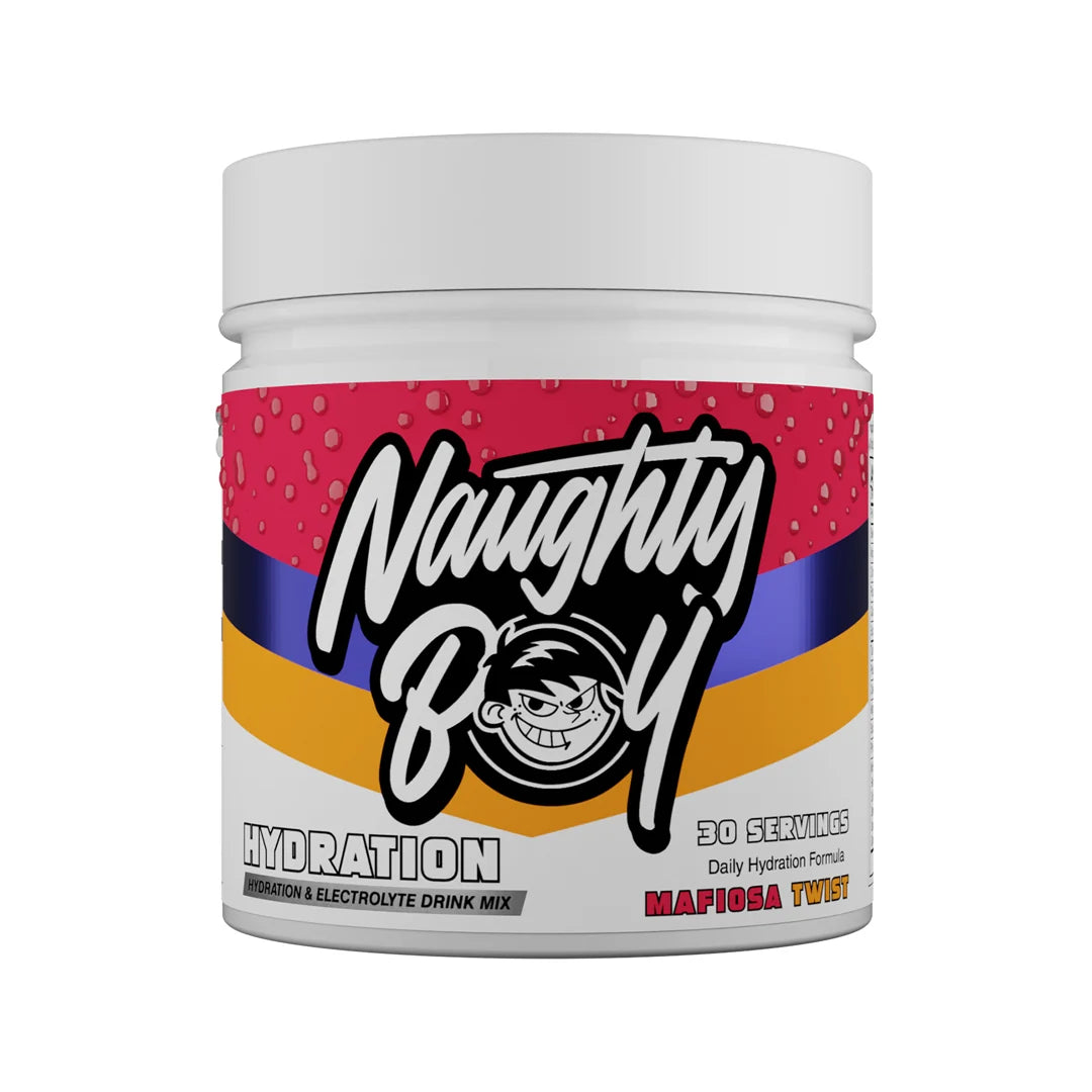 Naughty Boy Hydration drink mix container in mafiosa twist flavour with colourful label on a white background