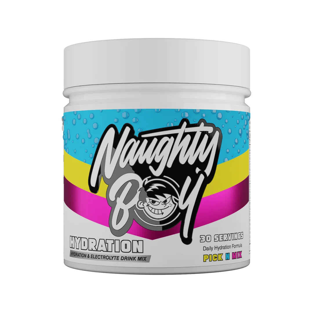 Naughty Boy Hydration drink mix container in pick n mix flavour with colourful label on a white background