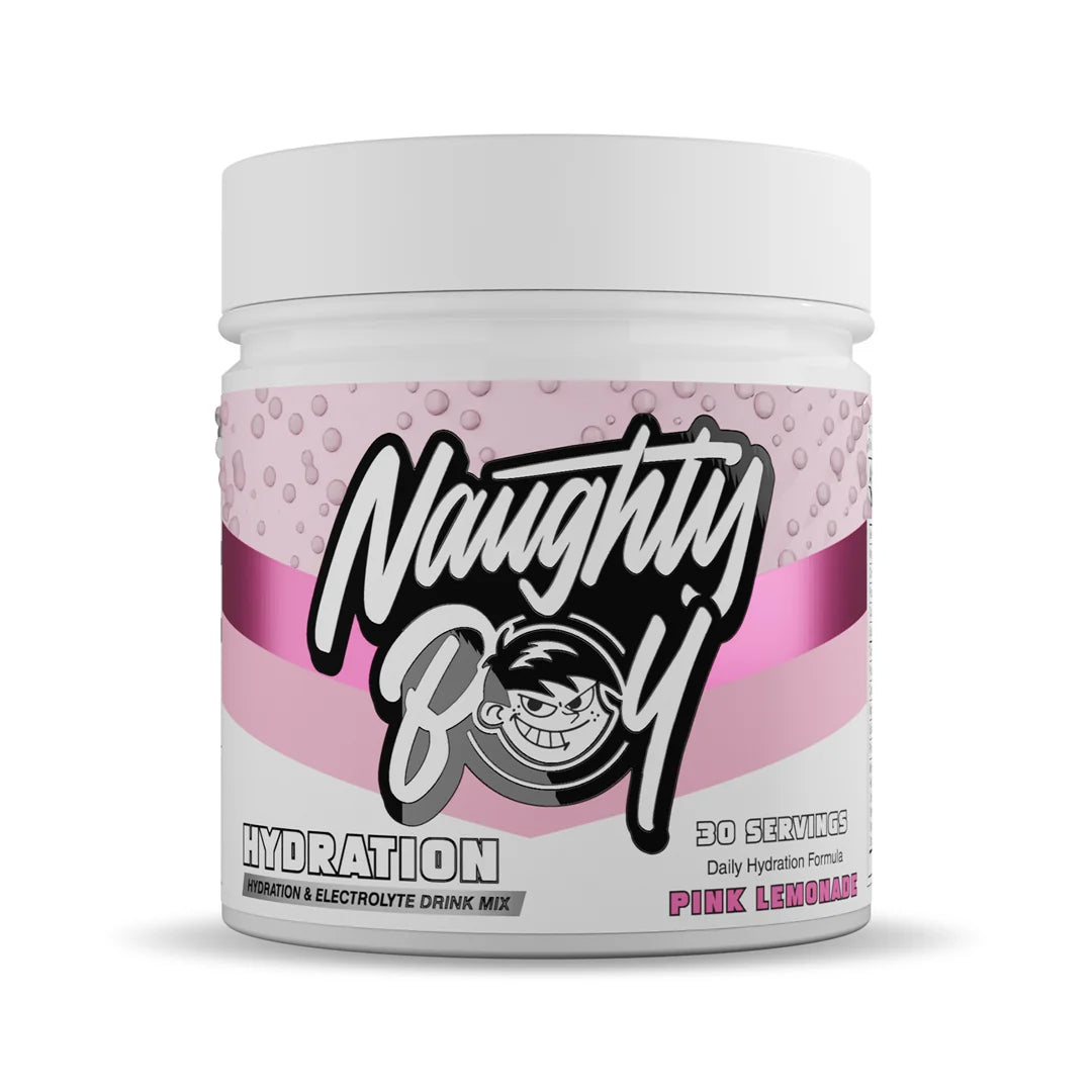 Pink and white container of Naughty Boy Hydration drink mix in pink lemonade flavour, on a white background