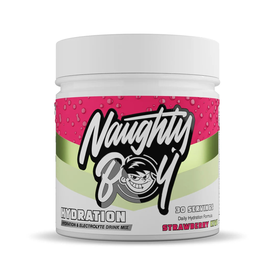 Naughty Boy Hydration drink mix container in strawberry kiwi flavour with colorful label on a white background