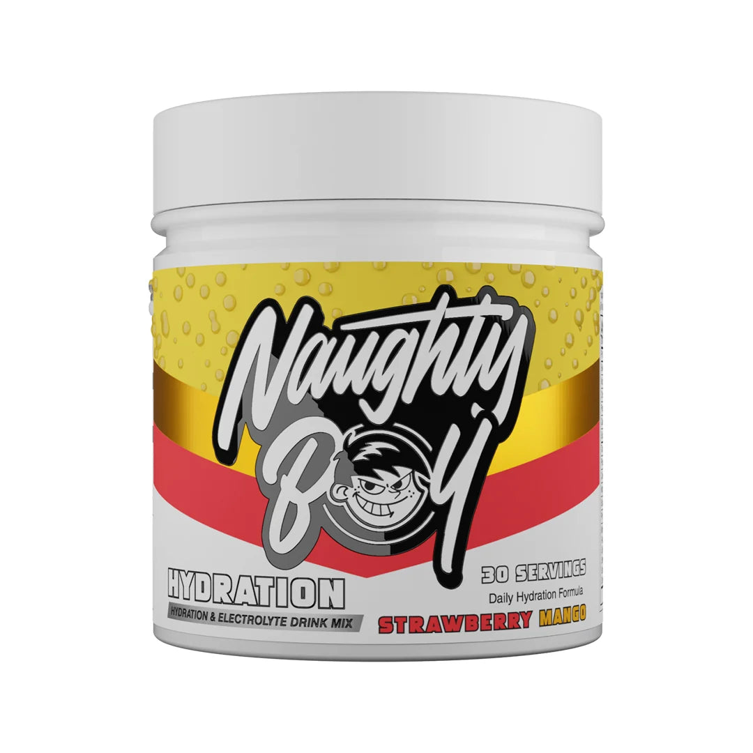 Naughty Boy Hydration drink mix container in strawberry mango flavour with colorful label on a white background