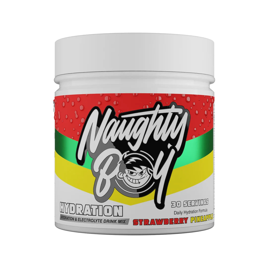 Naughty Boy Hydration drink mix container in strawberry pineapple flavour with colorful label on a white background