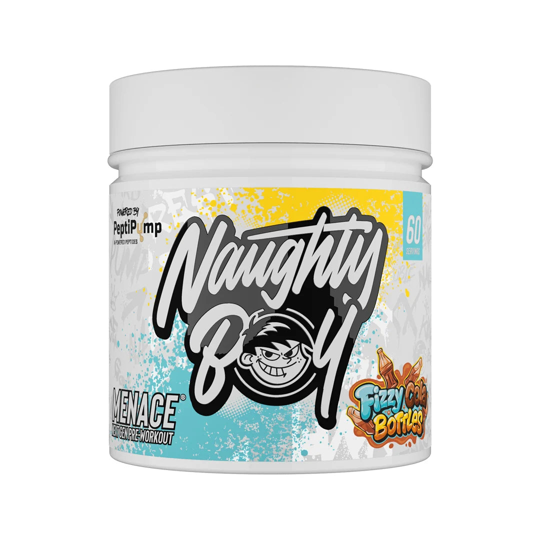 Container of Naughty Boy Menace pre-workout supplement in fizzy cola bottles flavour with colourful label on a white background