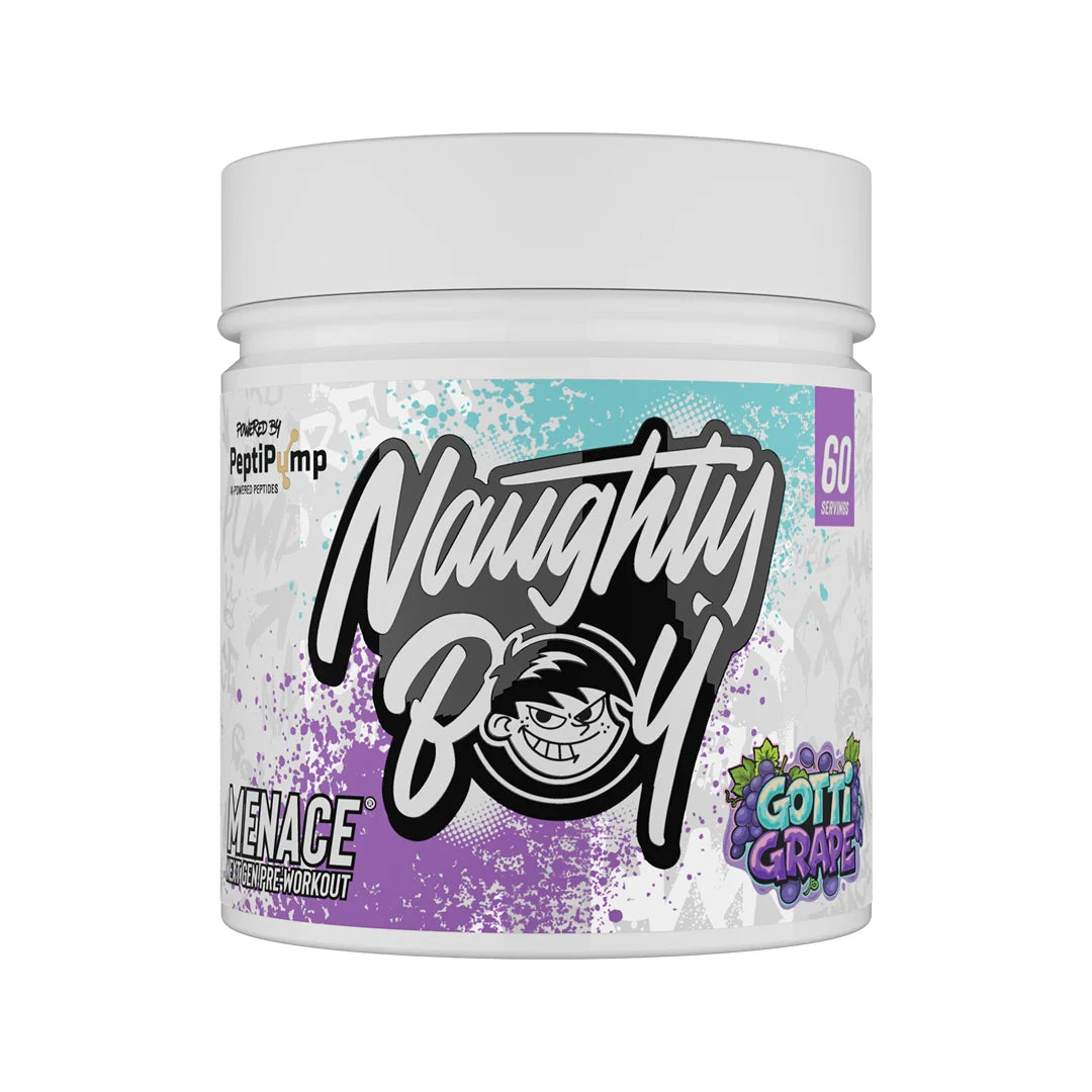 Container of Naughty Boy Menace pre-workout supplement in gotti grape flavour with colourful label on a white background