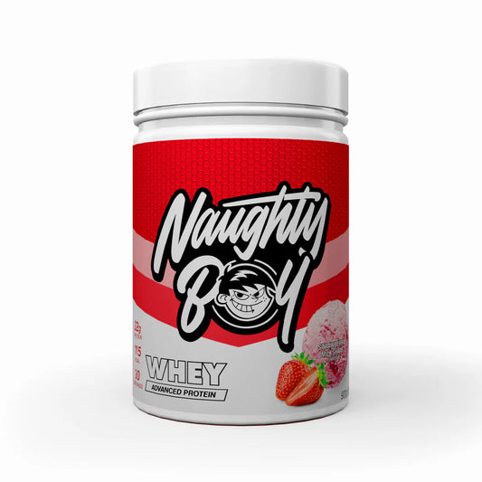 A container of Naughty Boy Advanced Whey protein powder with the branding and flavour (strawberry milkshake) visible on the label.