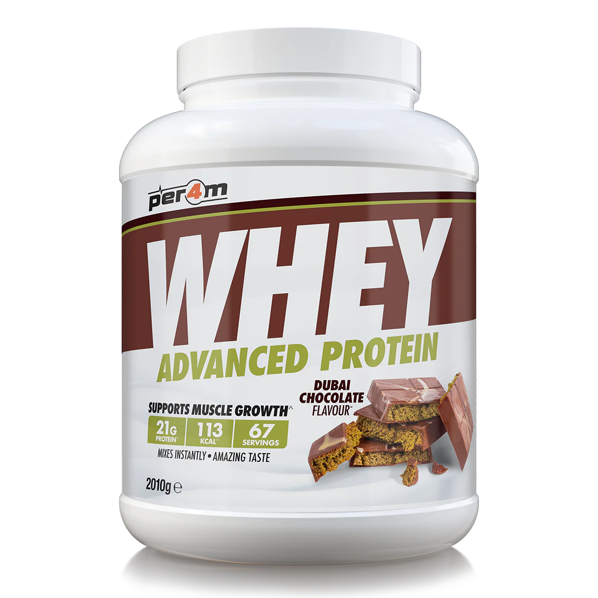 A white container of Per4m Advanced Whey Protein powder in dubai chocolate flavour, 2.01kg size.