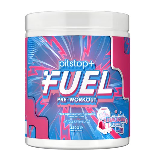Pitstop Fuel pre-workout supplement container with colorful design on a white background