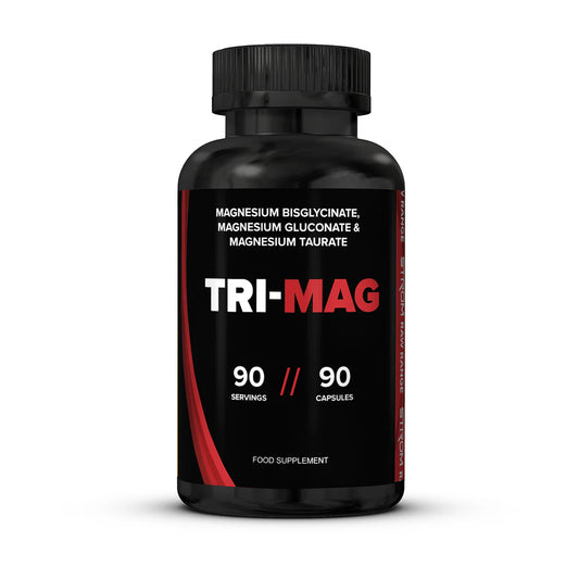 Black supplement bottle labeled 'TRI-MAG' by Strom on a white background