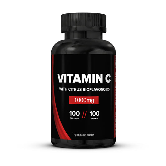 Black supplement bottle from Strom labeled Vitamin C 100 servings with Citrus Bioflavonoids on a white background