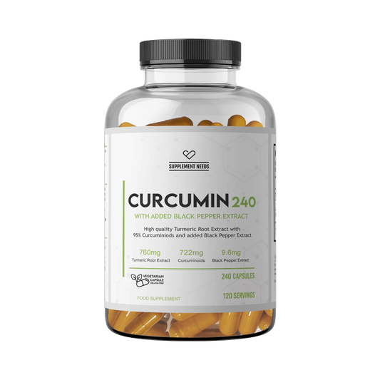 A clear supplement bottle with a black cap and a white label reading 'CURCUMIN240' and 'WITH ADDED BLACK PEPPER EXTRACT' by Supplement Needs, filled with orange-yellow capsules, on a white background.