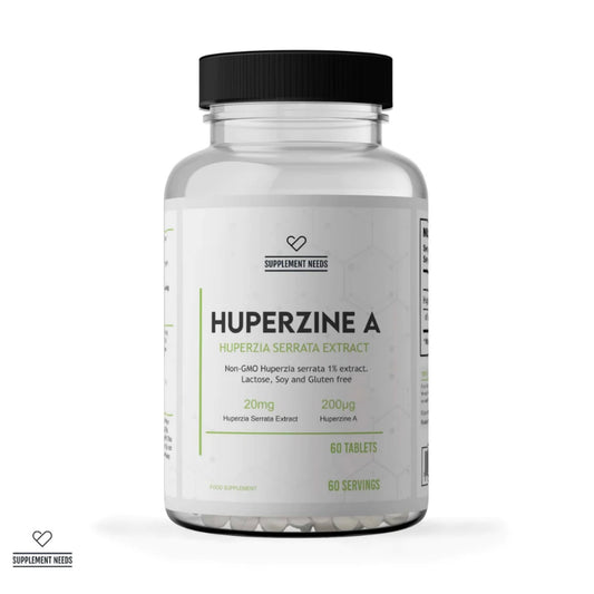 A clear supplement bottle with a black cap and a white label reading HUPERZINE A, photographed on a clean white background. The label also shows Supplement Needs branding and text indicating 60 tablets and 200ug.
