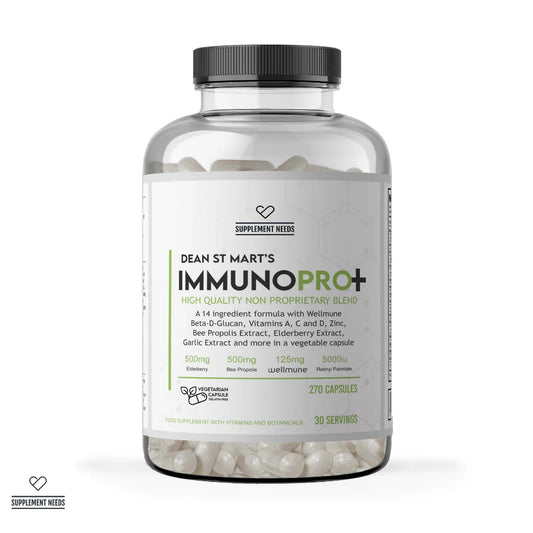 A clear supplement bottle with a black cap and a white label reading 'DEAN ST MART'S SUPPLEMENT NEEDS IMMUNOPRO+' on a clean white background. The bottle contains white capsules and has a small 'Supplement Needs' logo in the bottom-left corner of the image.