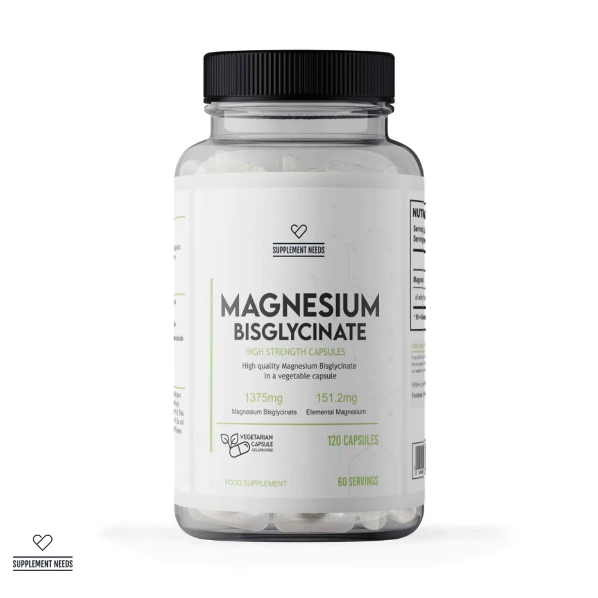 A clear plastic bottle of Magnesium Bisglycinate dietary supplement capsules with a black cap and a white label, shown on a clean white background.