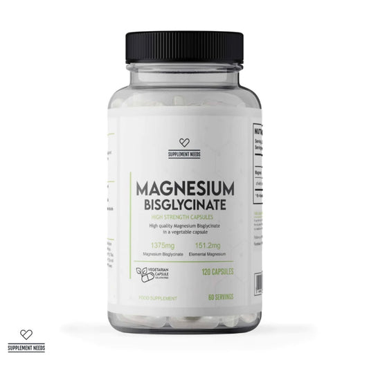 A clear plastic bottle of Magnesium Bisglycinate dietary supplement capsules with a black cap and a white label, shown on a clean white background.