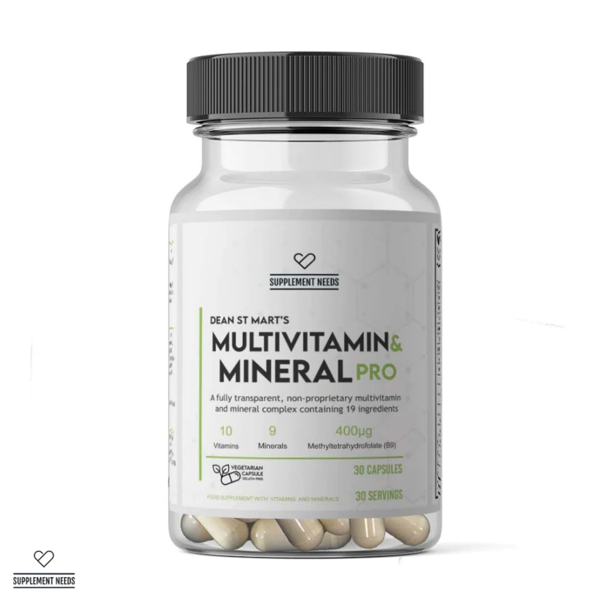 A clear supplement bottle with a black ribbed cap and a white label reading 'DEAN ST MART'S MULTIVITAMIN & MINERAL PRO' on a white background. Capsules are visible through the clear bottle at the bottom.