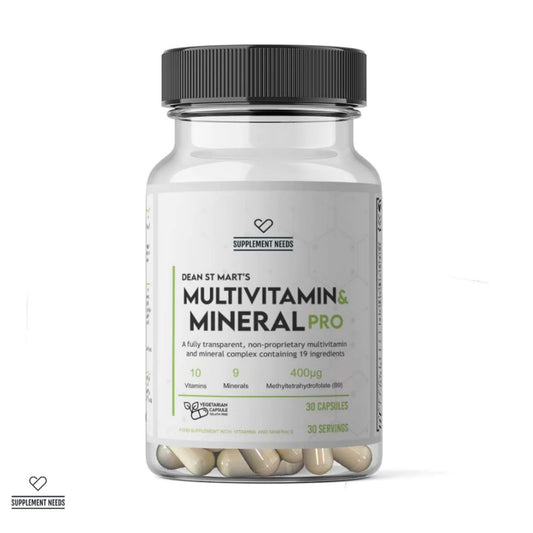 A clear supplement bottle with a black ribbed cap and a white label reading 'DEAN ST MART'S MULTIVITAMIN & MINERAL PRO' on a white background. Capsules are visible through the clear bottle at the bottom.