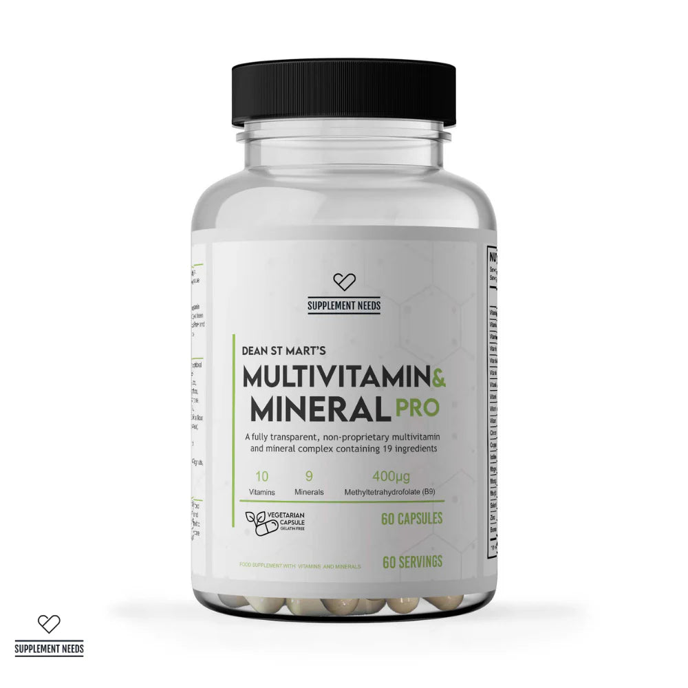 A clear supplement bottle with a black cap and a white label reading 'DEAN ST MART'S MULTIVITAMIN & MINERAL PRO' 60 servings by Supplement Needs, shown on a light grey background.