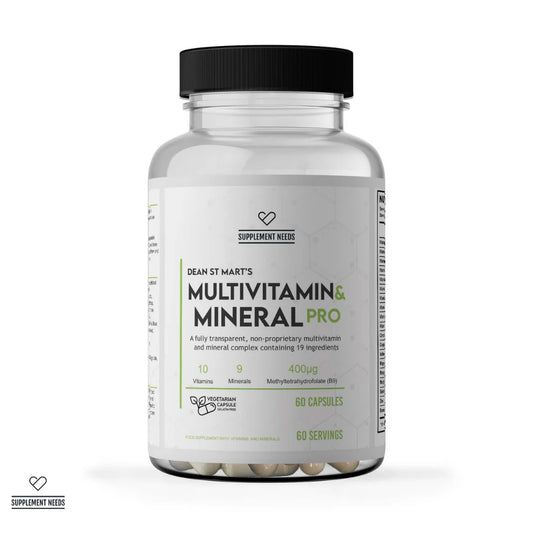 A clear supplement bottle with a black cap and a white label reading 'DEAN ST MART'S MULTIVITAMIN & MINERAL PRO' 60 servings by Supplement Needs, shown on a light grey background.