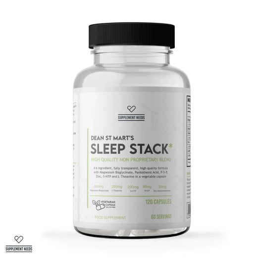 A clear supplement bottle with a black cap and a white label reading 'DEAN ST MART'S SLEEP STACK' 60 servings by Supplement Needs, shown on a clean white background.