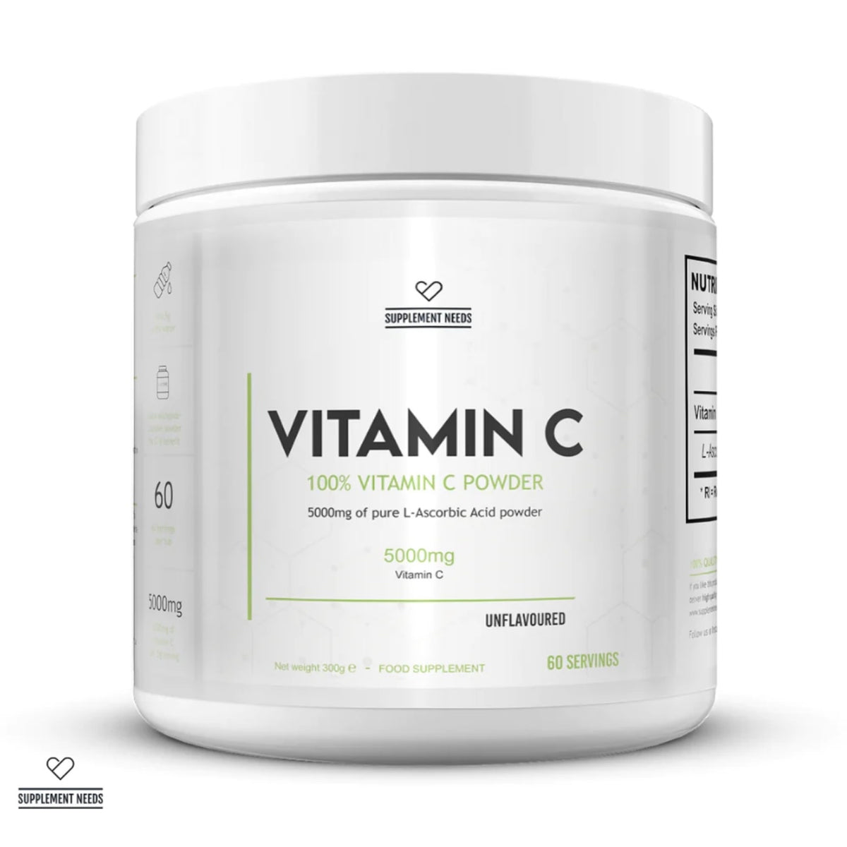 A white plastic tub of Vitamin C powder supplement by Supplement Needs, featuring a clean white label with green and black text on a white background.
