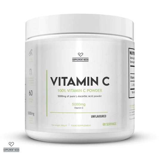 A white plastic tub of Vitamin C powder supplement by Supplement Needs, featuring a clean white label with green and black text on a white background.