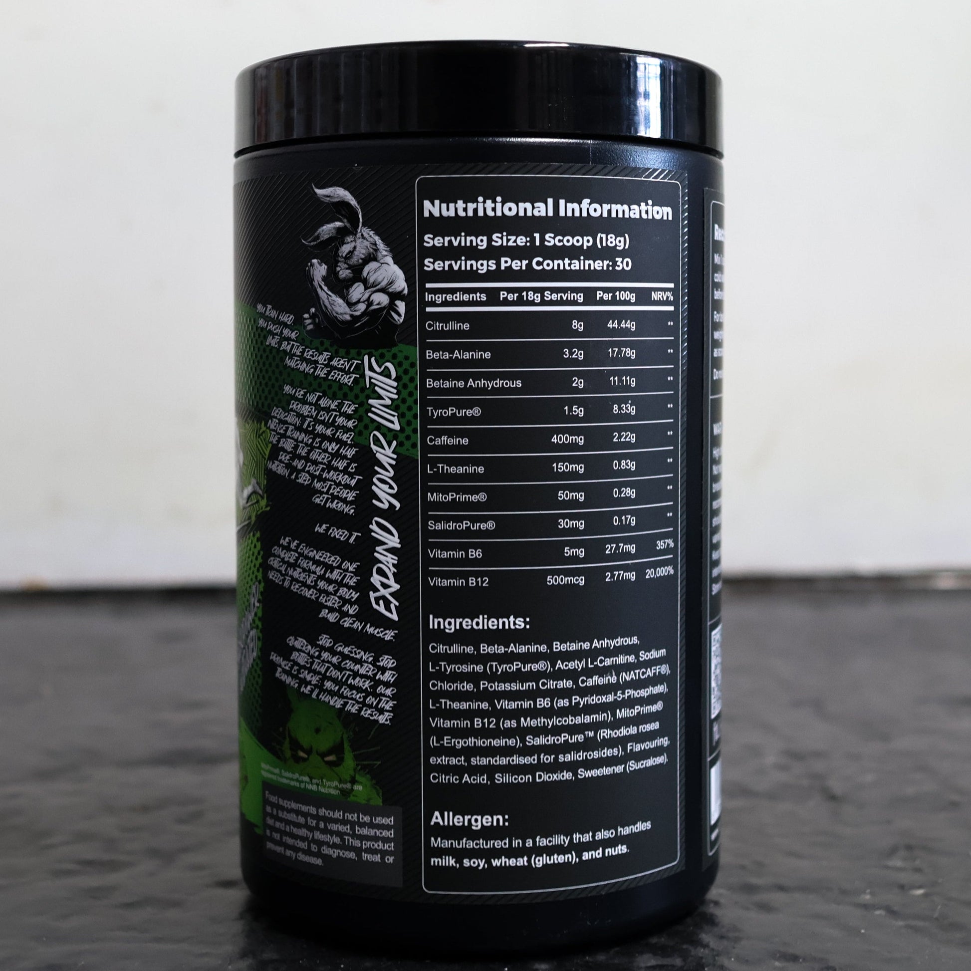 Tanker Pre-Action pre workout supplement ingredients panel.