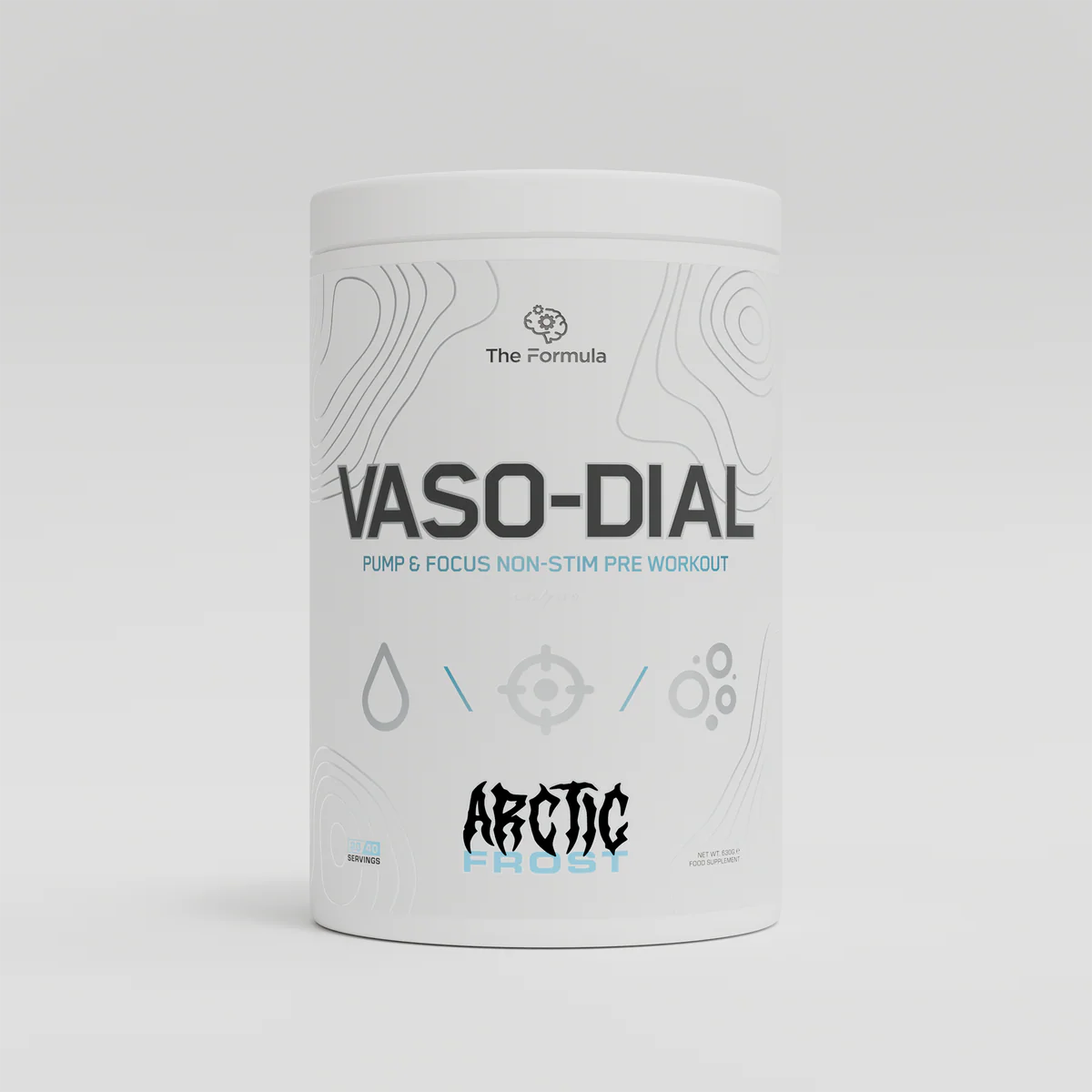 Pre-workout supplement container by The Formula labeled 'VASO-DIAL' in arctic frost flavour on a light grey background