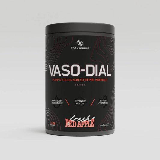 A container of VASO-DIAL non stim pre workout supplement powder with 'The Formula' branding and 'Fresh Red Apple' flavour