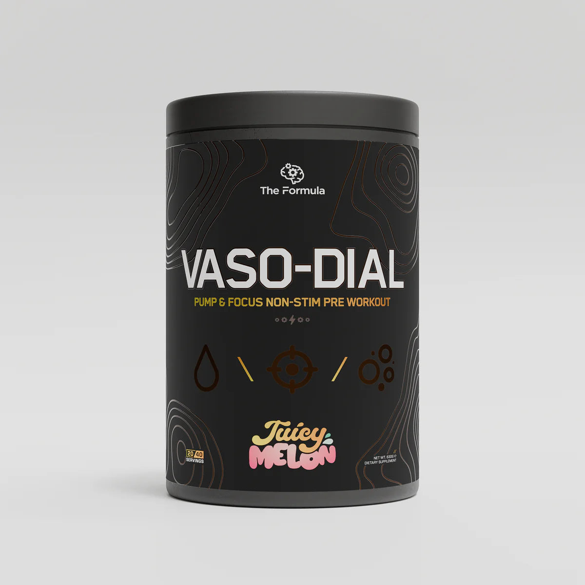 Black container of Vaso-Dial on stim pre-workout supplement with 'Juicy Melon' flavour on a grey background