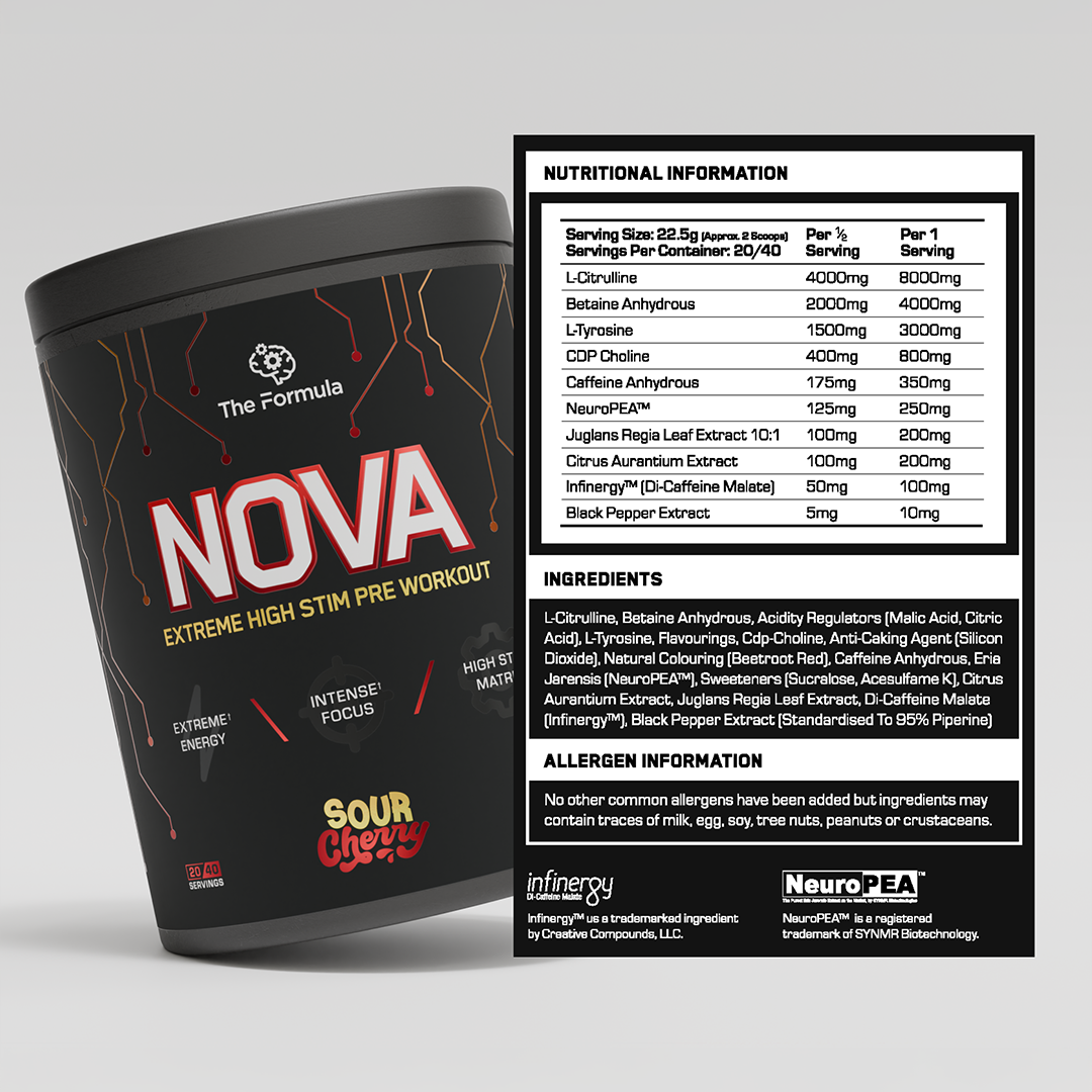 NOVA pre-workout supplement container with nutritional information on a gray background