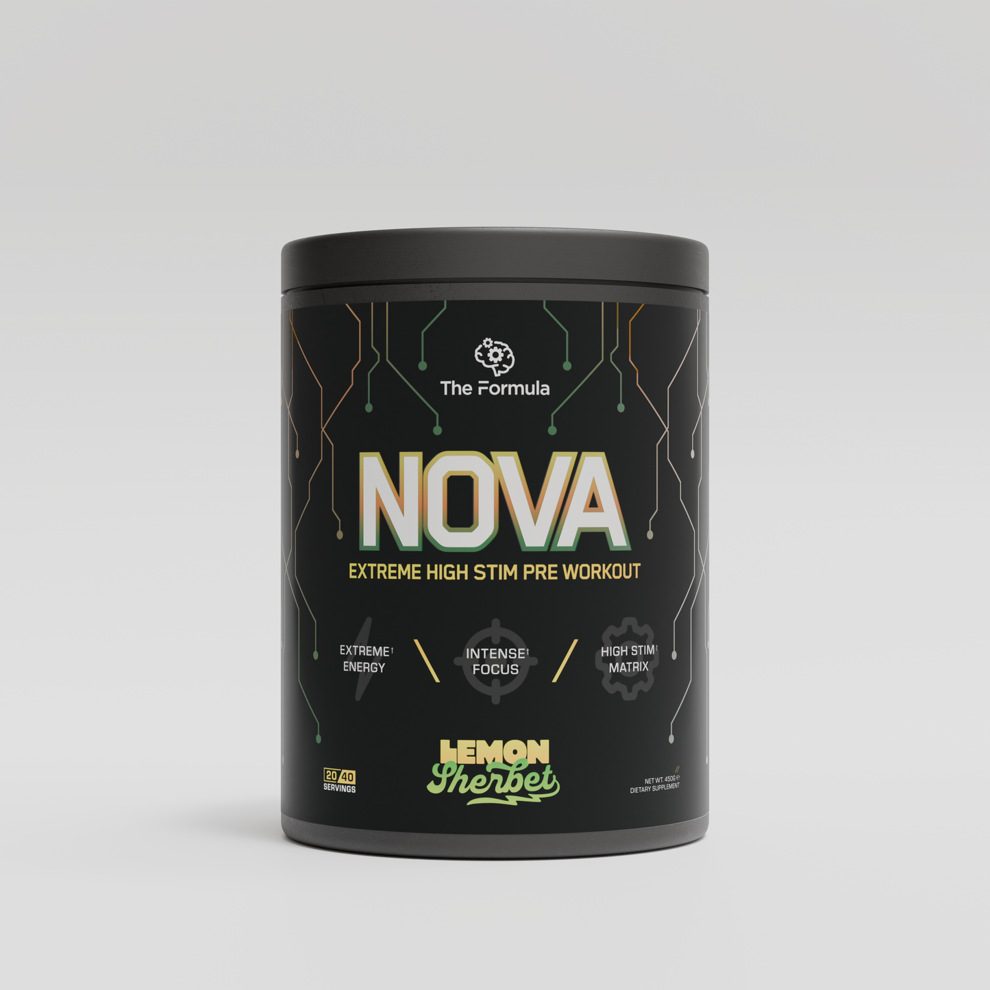 Black pre-workout supplement container from The Formula labeled 'NOVA' on a light gray background