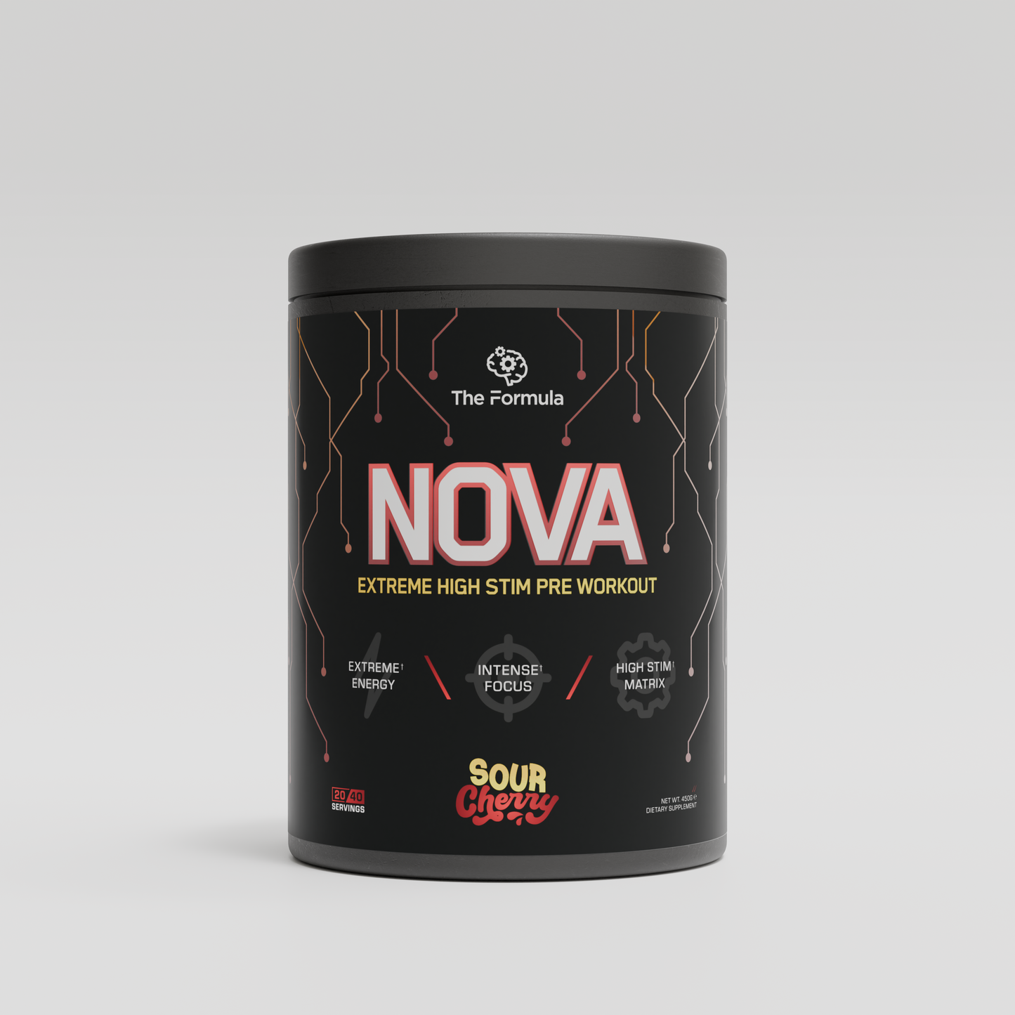 Black pre-workout supplement container from The Formula labeled 'NOVA' on a light gray background