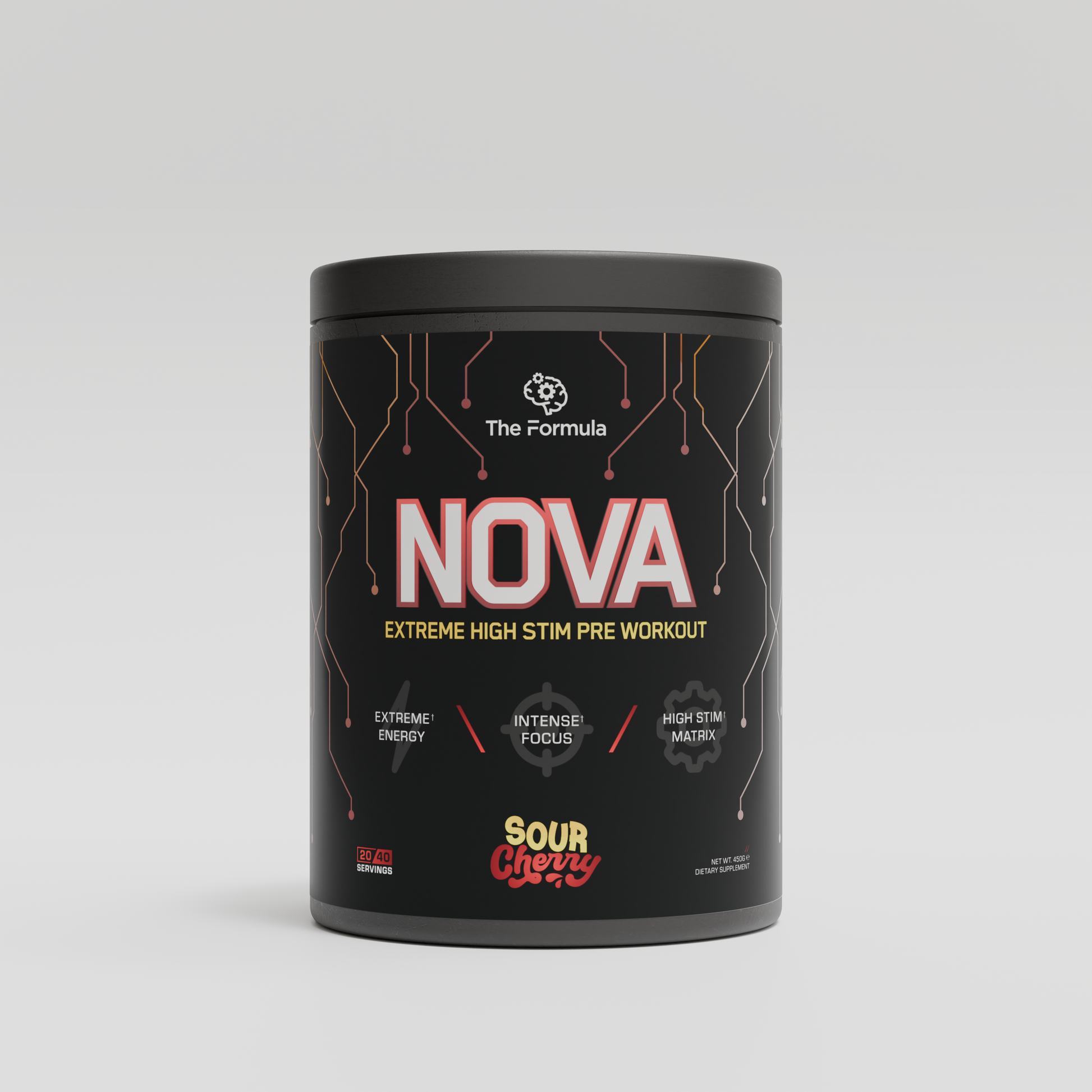 Black pre-workout supplement container from The Formula labeled 'NOVA' on a light gray background
