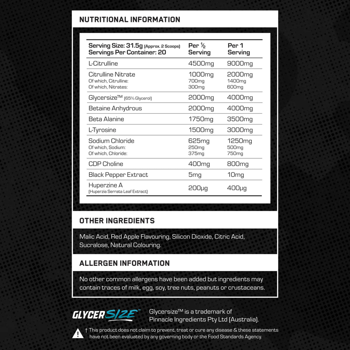 Nutritional information panel for vaso dial non stimulant pre workout supplement by The Formula supplements