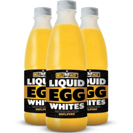 Three bottles of Uncle Jack's Liquid Egg Whites in a bright yellow flavor, arranged in a group against a white background.